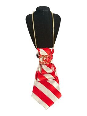 Red & White Striped Necktie Necklace with Gold CC Accent